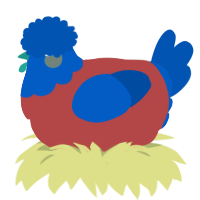 A red and ultramarine chicken with a head pattern