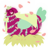 A fuchsia and mint chicken with a bar pattern