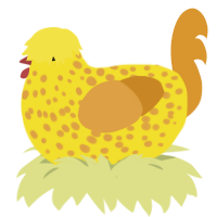 A yellow and orange chicken with a speckle pattern