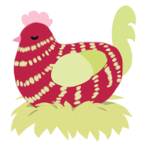 A crimson and lemon chicken with a bar pattern