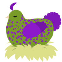 A chartreuse and violet chicken with a speckle pattern