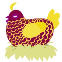 A maroon and yellow chicken with a lace pattern