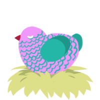 A lavender and turquoise chicken with a lace pattern