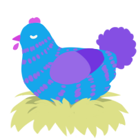 A sky and blurple chicken with a bar pattern