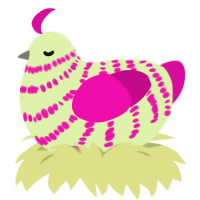 A apple and fuchsia chicken with a bar pattern