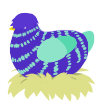 A indigo and mint chicken with a bar pattern