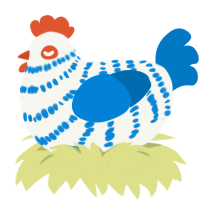 A white and sapphire chicken with a bar pattern