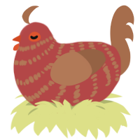 Brontosaurus, a red and brown chicken with a bar pattern
