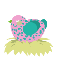 A pink and turquoise chicken with a speckle pattern