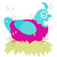 A fuchsia and aqua chicken with a head pattern