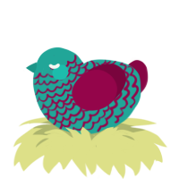 A turquoise and maroon chicken with a lace pattern