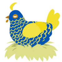 A ultramarine and yellow chicken with a lace pattern