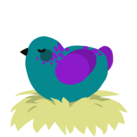 A teal and violet chicken with a neck-speckle pattern