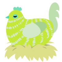 LIMA, a lime and gluppy chicken with a bar pattern