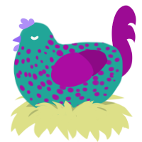 i have a disease, a turquoise and plum chicken with a speckle pattern
