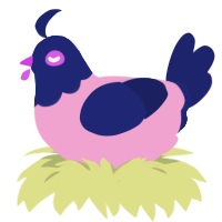 A pink and navy chicken with a head pattern