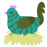 Dill, a turquoise and olive chicken with a bar pattern