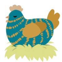 Horus, a sea and gold chicken with a bar pattern
