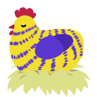A yellow and indigo chicken with a bar pattern