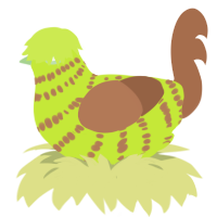 A lime and brown chicken with a bar pattern