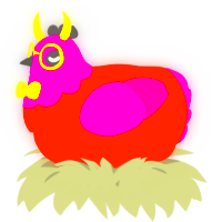A vermilion and fuchsia chicken with a head pattern