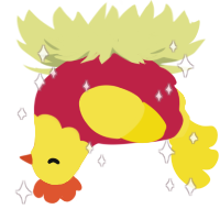 福, a crimson and yellow chicken with a head pattern