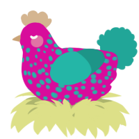 A fuchsia and turquoise chicken with a speckle pattern