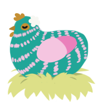 Astra, a turquoise and pink chicken with a bar pattern
