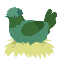 A turquoise and leaf chicken with a head pattern