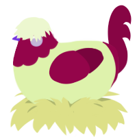 A apple and maroon chicken with a head pattern
