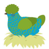A cerulean and chartreuse chicken with a lace pattern