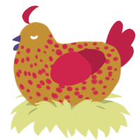 A gold and crimson chicken with a speckle pattern