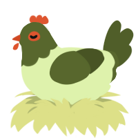 A apple and olive chicken with a head pattern