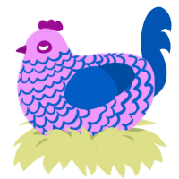 Blinky, a lavender and ultramarine chicken with a lace pattern