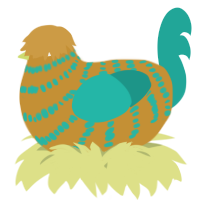 A gold and turquoise chicken with a bar pattern