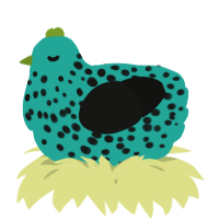 A turquoise and black chicken with a speckle pattern