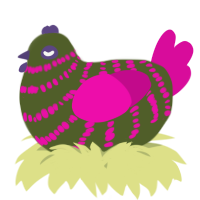A olive and fuchsia chicken with a bar pattern