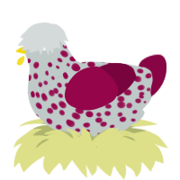 A silver and maroon chicken with a speckle pattern