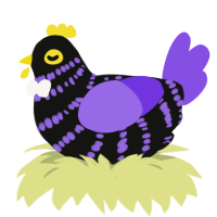 A black and blurple chicken with a bar pattern