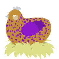 A gold and violet chicken with a speckle pattern