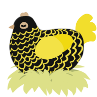 A black and yellow chicken with a lace pattern
