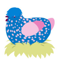 glitter glue, a sapphire and pink chicken with a speckle pattern