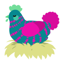 A teal and fuchsia chicken with a bar pattern
