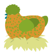 A orange and chartreuse chicken with a speckle pattern