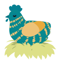 A teal and honey chicken with a bar pattern