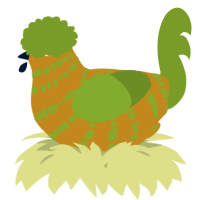 A ochre and chartreuse chicken with a bar pattern