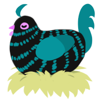 A black and teal chicken with a bar pattern