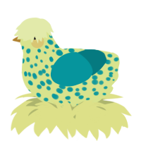 A lemon and teal chicken with a speckle pattern