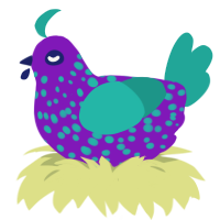 A violet and turquoise chicken with a speckle pattern