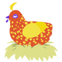 Kino, a vermilion and yellow chicken with a speckle pattern